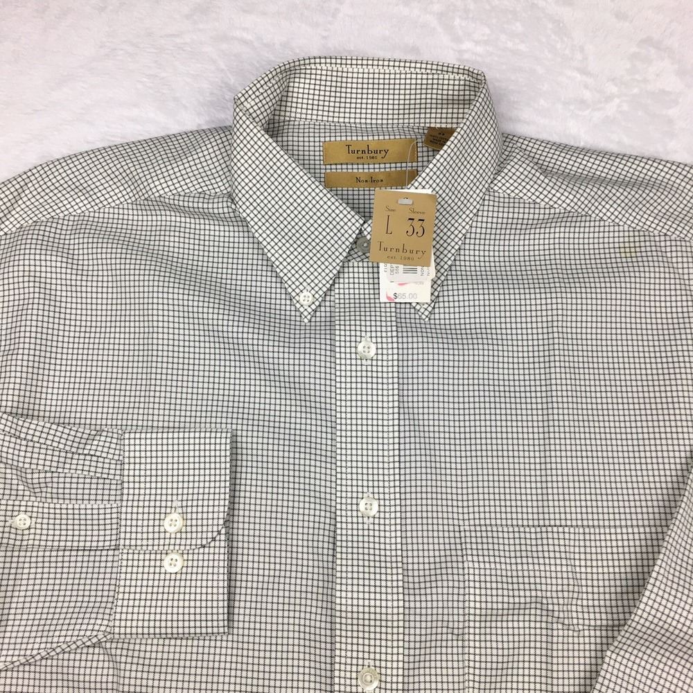 Turnbury Dress Shirt Mens Large-33 Ivory w/Black Checks Non Iron NWT!